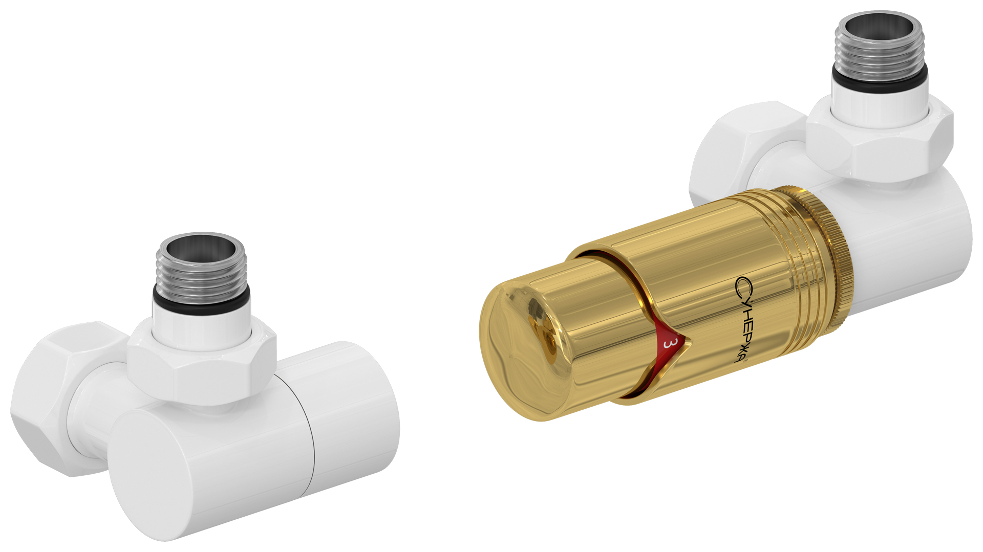 Автоматический терморегулятор Сунержа 3D правый 1/2" НР х 3/4" НГ (белый - золото)