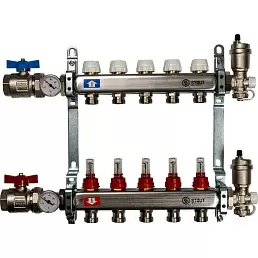 Коллектор Stout из нержавеющей стали в сборе, с регулирующими вставками и расходомерами 5 вых.