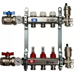 Коллектор Stout из нержавеющей стали в сборе, с регулирующими вставками и расходомерами 3 вых.