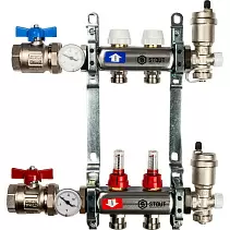 Коллектор Stout из нержавеющей стали в сборе, с регулирующими вставками и расходомерами 2 вых.