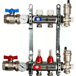 Коллектор Stout из нержавеющей стали в сборе, с регулирующими вставками и расходомерами 2 вых.