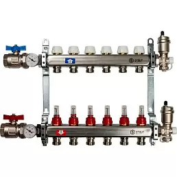 Коллектор Stout из нержавеющей стали в сборе, с регулирующими вставками и расходомерами 6 вых.