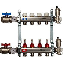 Коллектор Stout из нержавеющей стали в сборе, с регулирующими вставками и расходомерами 4 вых.