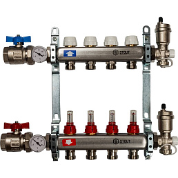 Коллектор Stout из нержавеющей стали в сборе, с регулирующими вставками и расходомерами 4 вых.